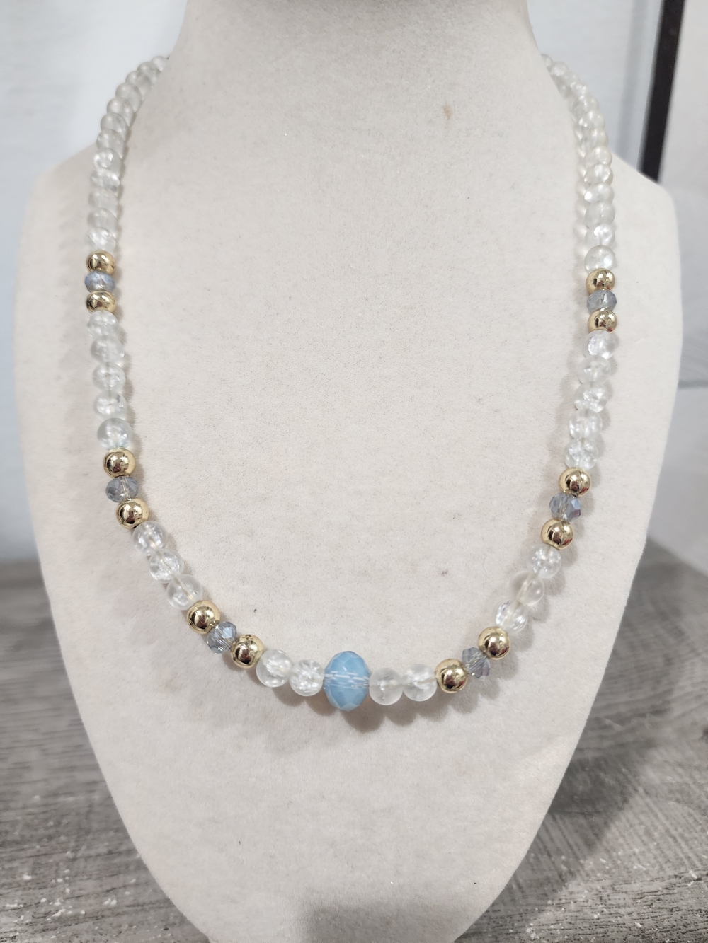 Clear Crystal Bead Necklace with Blue Accent and Gold Beads- Alexa Rae